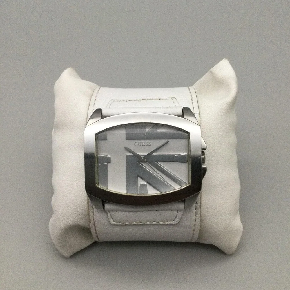 Guess Mens Watch 49mm Silver Tone Tonneau Stainless Leather Band New Battery
